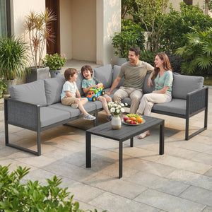 6 Seater Metal Garden Furniture Set, Corner Garden Sofa Set with 3 Texteline Loveseats, Faux Wood Top Coffee Table, L-Shape Outdoor Conversation Furniture with Cushions, Dark Grey