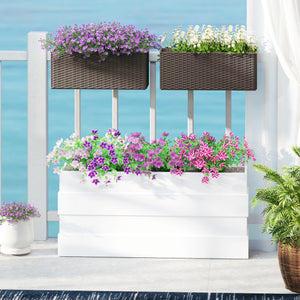 Outsunny Railing Planter Box (2 Pack, 20 Inch), Self-Watering Hanging Flower Pots with Hooks for Fence, Balcony, Garden, Patio, Rattan Look, Brown