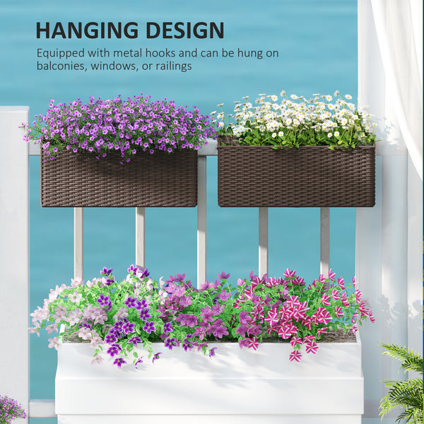 Outsunny Railing Planter Box (2 Pack, 20 Inch), Self-Watering Hanging Flower Pots with Hooks for Fence, Balcony, Garden, Patio, Rattan Look, Brown