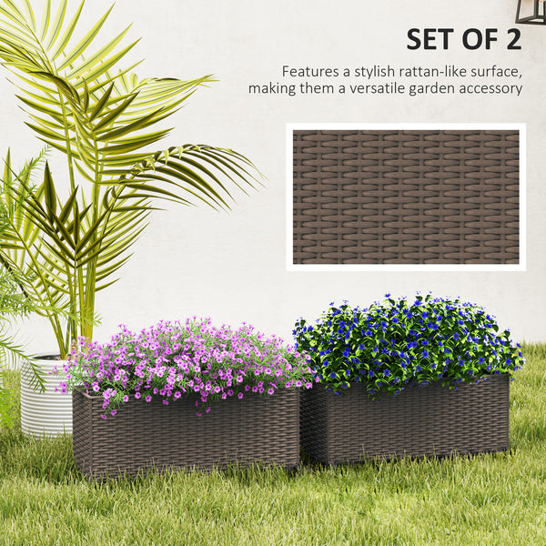 Outsunny Railing Planter Box (2 Pack, 20 Inch), Self-Watering Hanging Flower Pots with Hooks for Fence, Balcony, Garden, Patio, Rattan Look, Brown