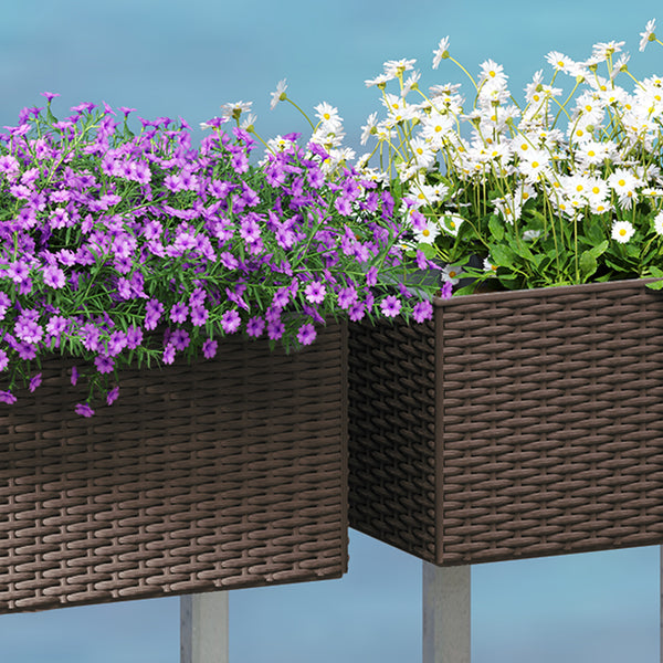 Outsunny Railing Planter Box (2 Pack, 20 Inch), Self-Watering Hanging Flower Pots with Hooks for Fence, Balcony, Garden, Patio, Rattan Look, Brown