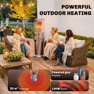 Gas Patio Heater, 13 kW Stainless Steel Portable Propane Outdoor Heater with Stepless Heat Control, Pulse Ignition, Protective Mesh, Tip-over Protection, 2 Wheels for Garden, Silver