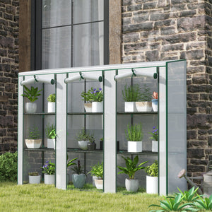 Lean-to Mini Greenhouse 84.6" x 18.1" x 56.7" with 3 Tier Shelves, Portable Garden Hot House with 3 Roll-Up Doors, PE Cover Plant Grow House for Indoor & Outdoor, White