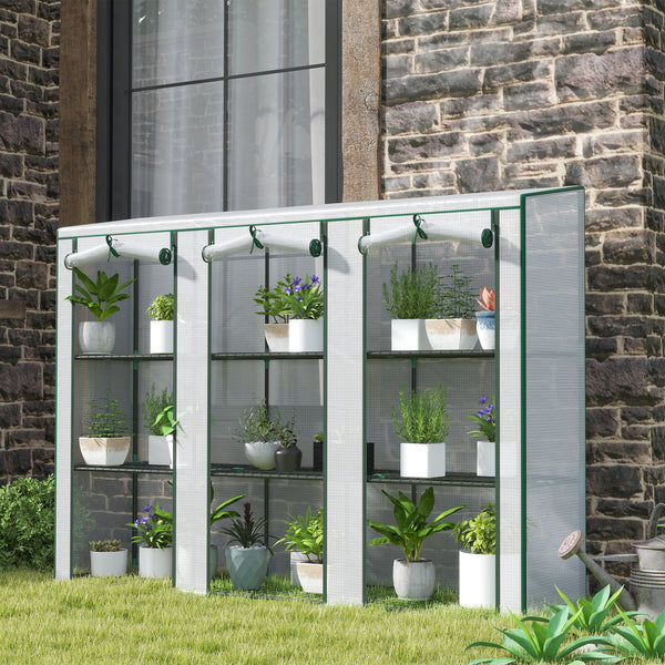 Lean-to Mini Greenhouse 84.6" x 18.1" x 56.7" with 3 Tier Shelves, Portable Garden Hot House with 3 Roll-Up Doors, PE Cover Plant Grow House for Indoor & Outdoor, White