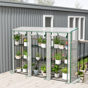 Lean-to Mini Greenhouse 84.6" x 18.1" x 56.7" with 3 Tier Shelves, Portable Garden Hot House with 3 Roll-Up Doors, PE Cover Plant Grow House for Indoor & Outdoor, White