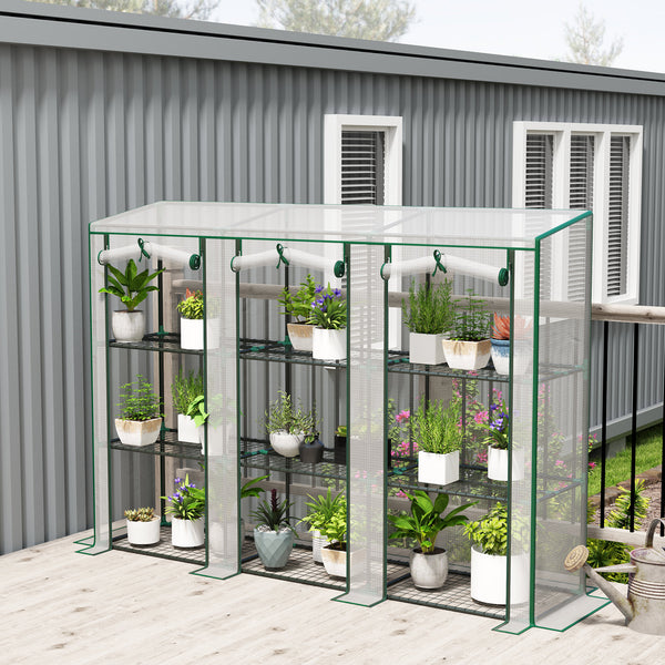 Lean-to Mini Greenhouse 84.6" x 18.1" x 56.7" with 3 Tier Shelves, Portable Garden Hot House with 3 Roll-Up Doors, PE Cover Plant Grow House for Indoor & Outdoor, White
