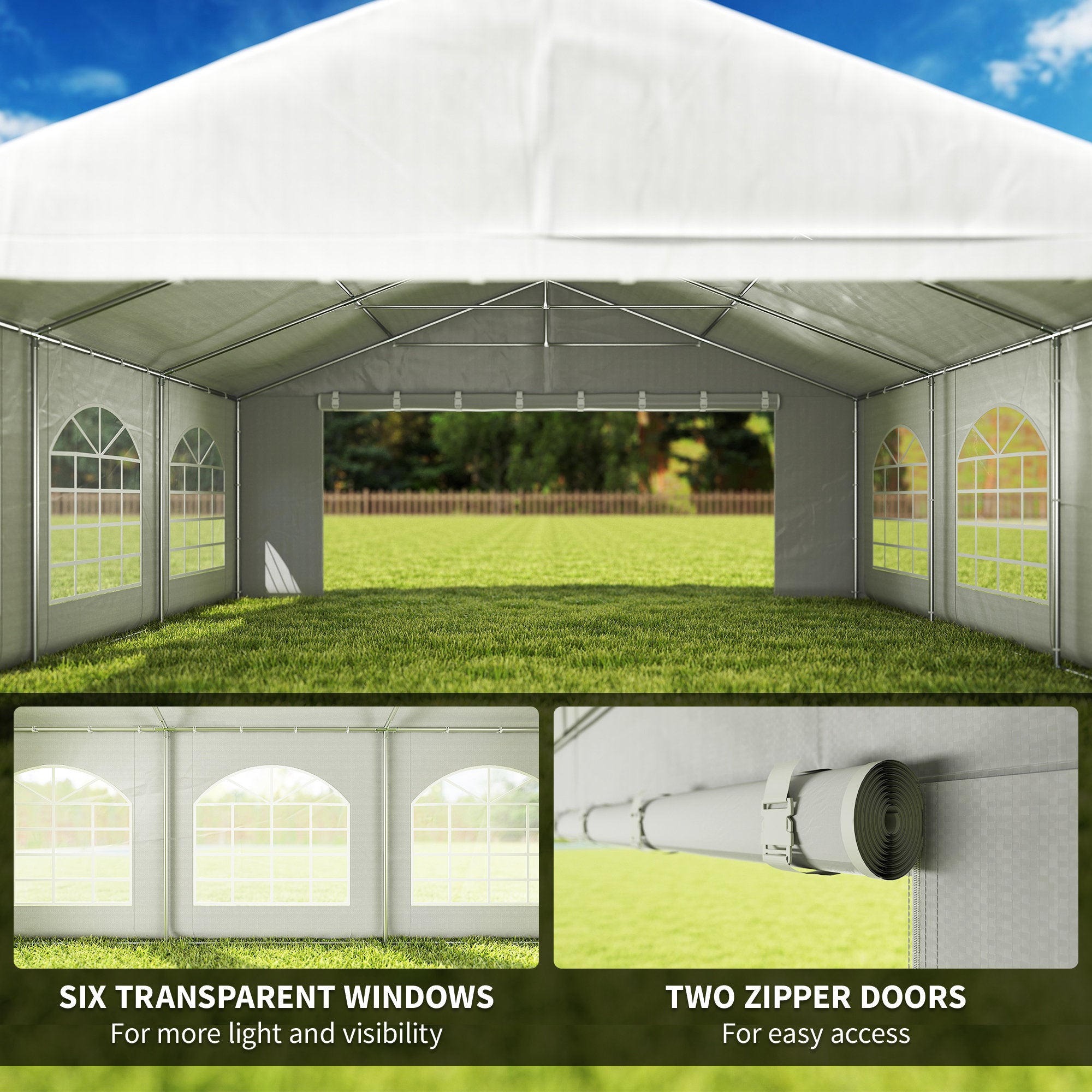 tents with doors Outsunny 20' x 20' Heavy-duty Large Wedding Tent, Outdoor Carport Garage Party Tent, Patio Gazebo Canopy with Sidewall, White