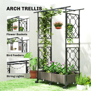 Raised Garden Bed with Arch Trellis, Raised Bed for Garden on Wheels with Side Trellis, Self Watering Outdoor Planter Box for Climbing Plants, Flowers, Herbs