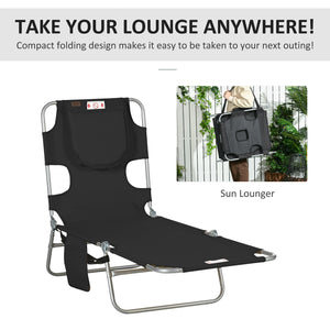 Folding Lounge Chair Outdoor Tanning Chair with Face Hole, 5-Position Reclining Sun Lounger Chaise Lounge Cot with Side Pocket, Carry Strap for Beach Pool, Yard, Black