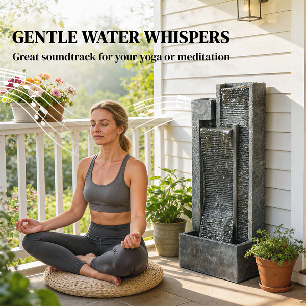 Water Feature with LED Lights and Planter, 3-Tier Garden Water Fountain with Pump, Resin Freestanding Waterfall Feature for Patio Garden, Dark Grey