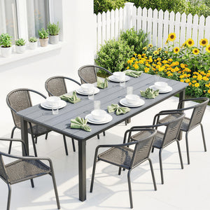 Garden Dining Table for 6-8 Person, 180 x 86 cm Rectangular Outdoor Dining Table with Wood Slatted Top and Steel Frame, All Weather Patio Furniture for Balcony, Porch, Grey