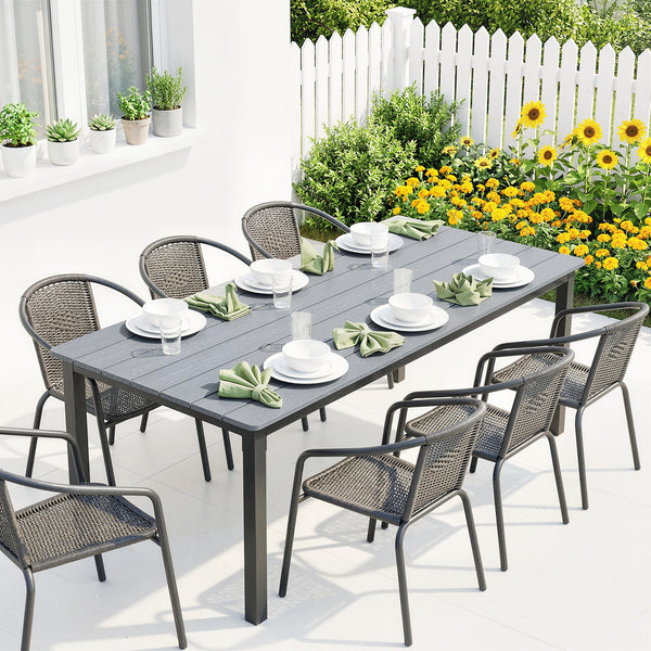 Garden Dining Table for 6-8 Person, 180 x 86 cm Rectangular Outdoor Dining Table with Wood Slatted Top and Steel Frame, All Weather Patio Furniture for Balcony, Porch, Grey