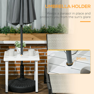 Garden Side Table, 51x51cm Square Patio Coffee Table with Umbrella Hole, End Table with Steel Frame for Balcony, White