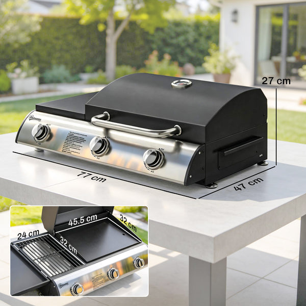 3 Burner Portable Gas Plancha BBQ Grill, 8.1 kW Outdoor Tabletop Gas Barbecue Grill with Griddle, Convertible Side Shelf, Built-in Thermometer, Lid, Adjustable Foot Pads for Camping, Black