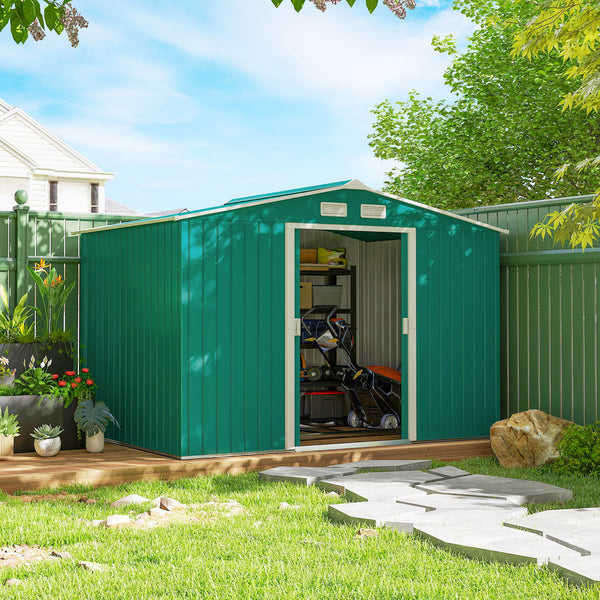 9' x 6' Garden Storage Shed with Foundation Kit, Metal Tool Storage House with Double Doors for Outdoor Patio Yard, Green