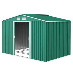 9' x 6' Garden Storage Shed with Foundation Kit, Metal Tool Storage House with Double Doors for Outdoor Patio Yard, Green