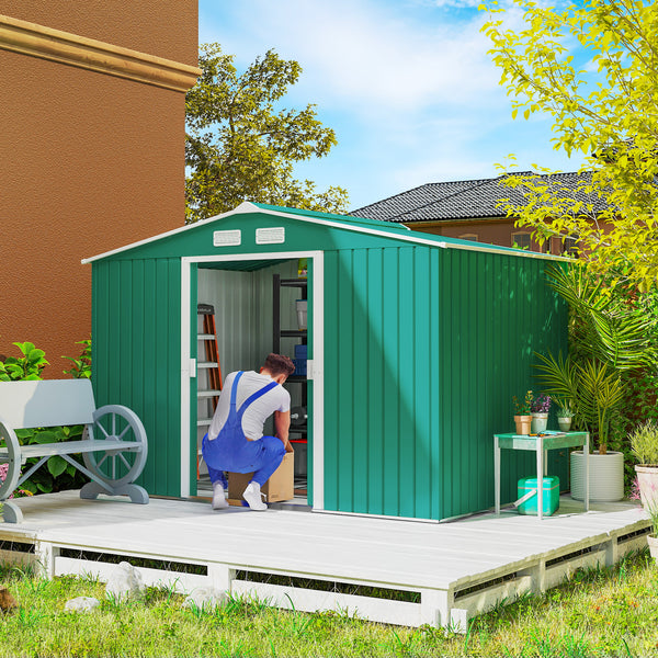 9' x 6' Garden Storage Shed with Foundation Kit, Metal Tool Storage House with Double Doors for Outdoor Patio Yard, Green