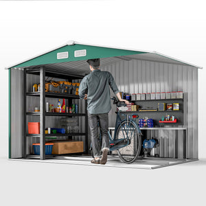 9' x 6' Garden Storage Shed with Foundation Kit, Metal Tool Storage House with Double Doors for Outdoor Patio Yard, Green