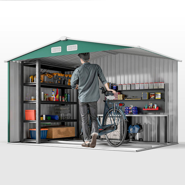 9' x 6' Garden Storage Shed with Foundation Kit, Metal Tool Storage House with Double Doors for Outdoor Patio Yard, Green