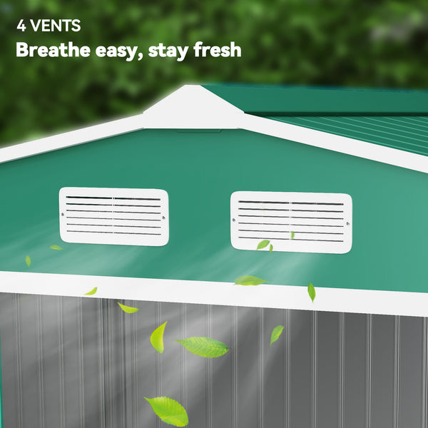 9' x 6' Garden Storage Shed with Foundation Kit, Metal Tool Storage House with Double Doors for Outdoor Patio Yard, Green