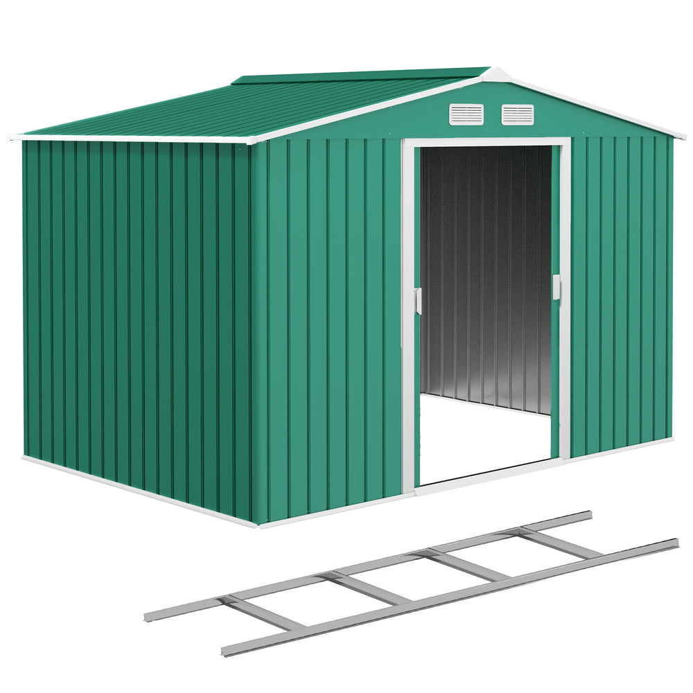 9' x 6' Garden Storage Shed with Foundation Kit, Metal Tool Storage House with Double Doors for Outdoor Patio Yard, Green