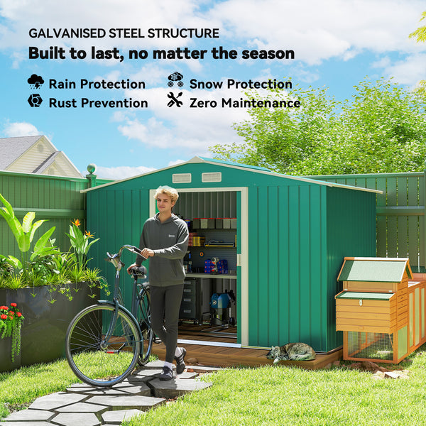 9' x 6' Garden Storage Shed with Foundation Kit, Metal Tool Storage House with Double Doors for Outdoor Patio Yard, Green