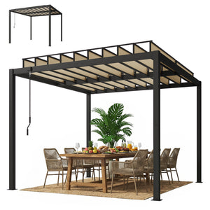 3 x 3 m Louvered Pergola with Adjustable PC Louvred Roof, Aluminium Frame, Patio Gazebo Pergola Canopy with Drainage Gutters, Handle, Expansion Screws for Garden Outdoor, Coffee