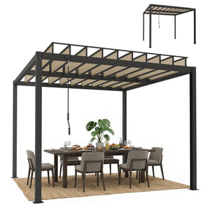 3 x 3 m Louvered Pergola with Adjustable PC Louvred Roof, Aluminium Frame, Patio Gazebo Pergola Canopy with Drainage Gutters, Handle, Expansion Screws for Garden Outdoor, Coffee