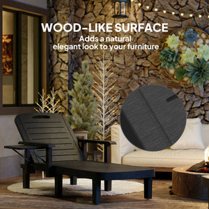 Set of 2 Resin Reclining Sun Loungers for Garden, 5 Positions Adjustable Outdoor Chaise Lounge Chair with Wood Texture Surface, Armrests, Foldable Side Table for Garden, Beach, Black