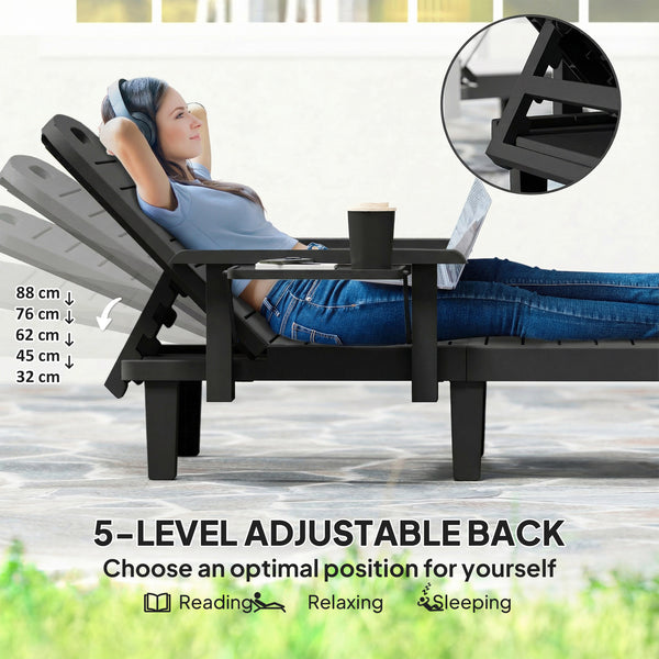Set of 2 Resin Reclining Sun Loungers for Garden, 5 Positions Adjustable Outdoor Chaise Lounge Chair with Wood Texture Surface, Armrests, Foldable Side Table for Garden, Beach, Black