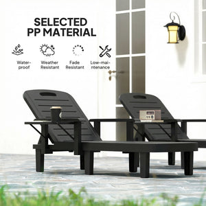 Set of 2 Resin Reclining Sun Loungers for Garden, 5 Positions Adjustable Outdoor Chaise Lounge Chair with Wood Texture Surface, Armrests, Foldable Side Table for Garden, Beach, Black