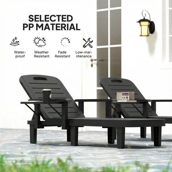 Set of 2 Resin Reclining Sun Loungers for Garden, 5 Positions Adjustable Outdoor Chaise Lounge Chair with Wood Texture Surface, Armrests, Foldable Side Table for Garden, Beach, Black