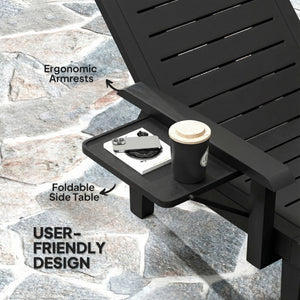 Set of 2 Resin Reclining Sun Loungers for Garden, 5 Positions Adjustable Outdoor Chaise Lounge Chair with Wood Texture Surface, Armrests, Foldable Side Table for Garden, Beach, Black