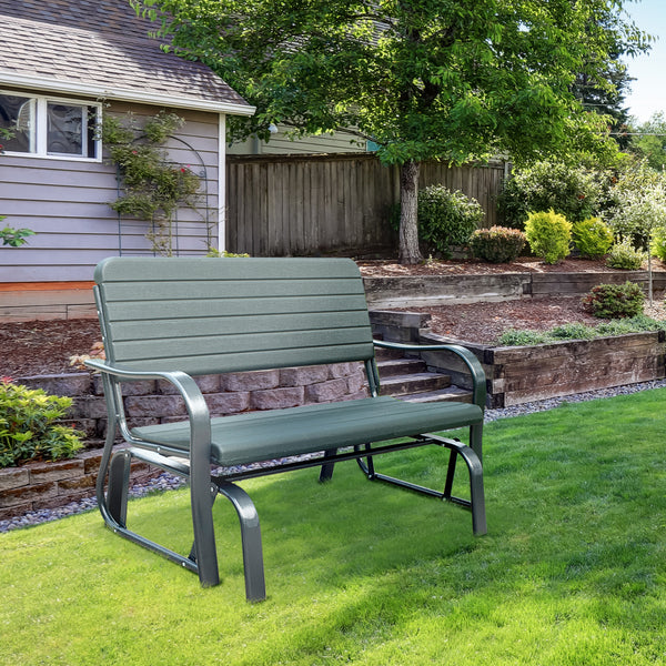 2 Seats Garden Glider Bench, Metal Frame and HDPE Swing Loveseat, Porch Rocking Glider for 2 Person with High Back and Armrest, Dark Green