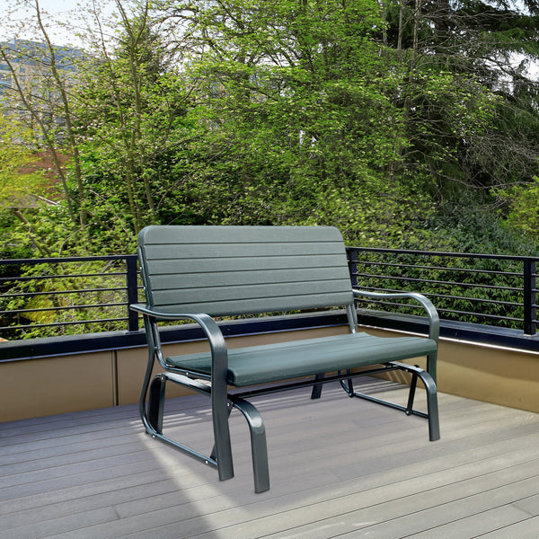 2 Seats Garden Glider Bench, Metal Frame and HDPE Swing Loveseat, Porch Rocking Glider for 2 Person with High Back and Armrest, Dark Green