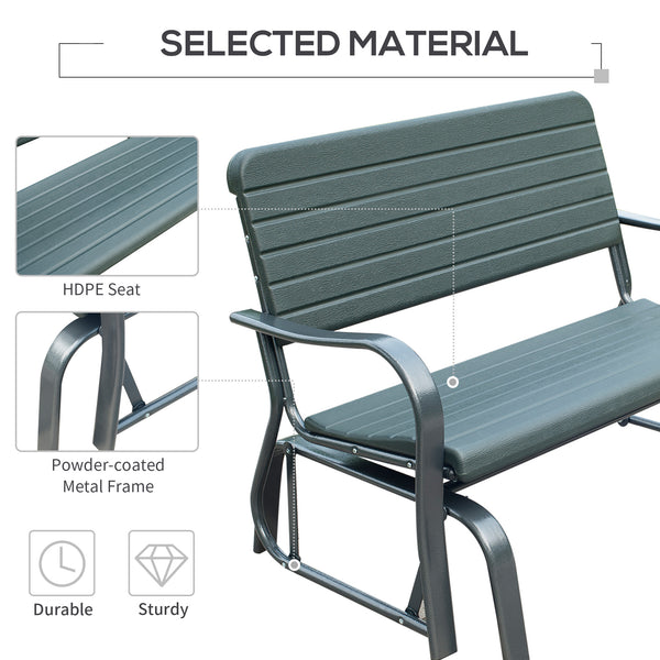 2 Seats Garden Glider Bench, Metal Frame and HDPE Swing Loveseat, Porch Rocking Glider for 2 Person with High Back and Armrest, Dark Green