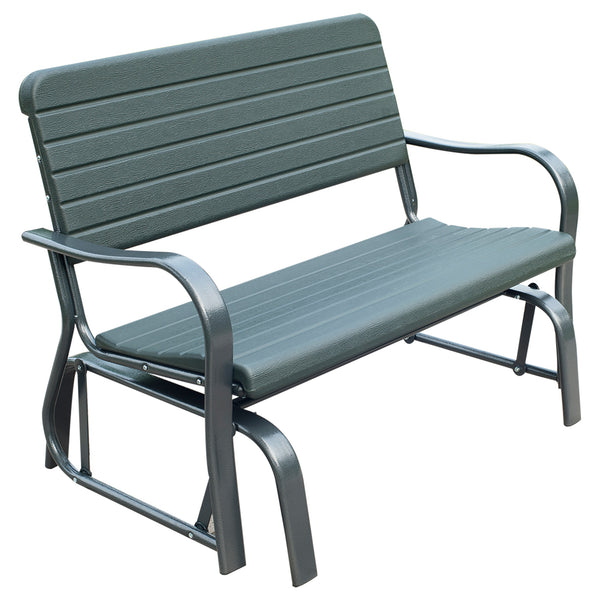 2 Seats Garden Glider Bench, Metal Frame and HDPE Swing Loveseat, Porch Rocking Glider for 2 Person with High Back and Armrest, Dark Green