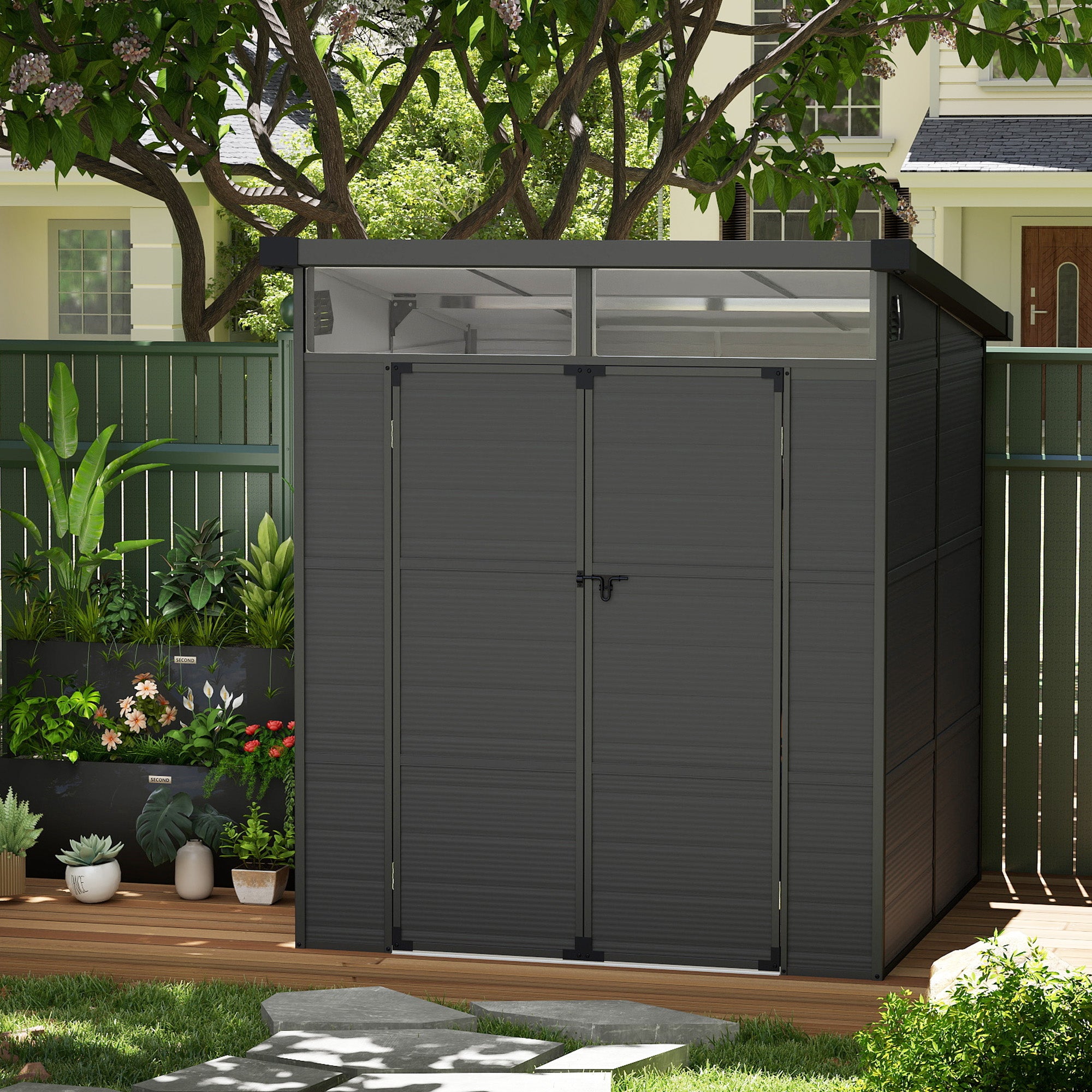 Outsunny 4.7 X 2.5FT Garden Shed, Lockable Outdoor Storage Shed With O Lid Small Shed For 2 Trash Cans Tools Patio Light Grey