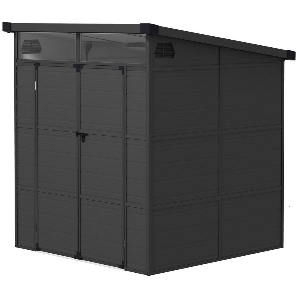 6 x 6ft Outdoor Storage Shed, Plastic Garden Shed with Windows and Air Vents, Outdoor Resin Tool Shed with Latch Doors for Garden, Deck, Dark Grey