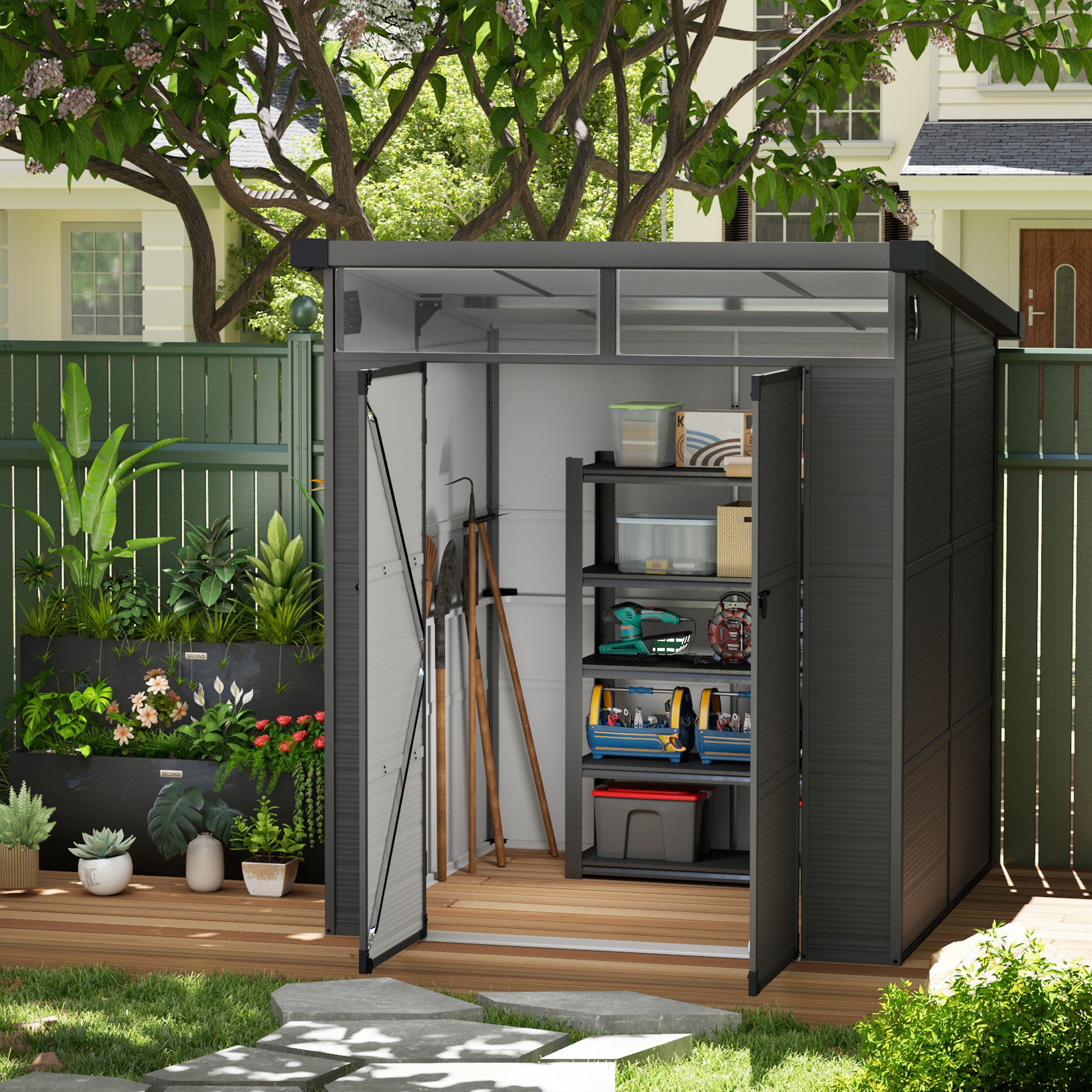 Outsunny 4.7 X 2.5FT Garden Shed, Lockable Outdoor Storage Shed With O Lid Small Shed For 2 Trash Cans Tools Patio Light Grey