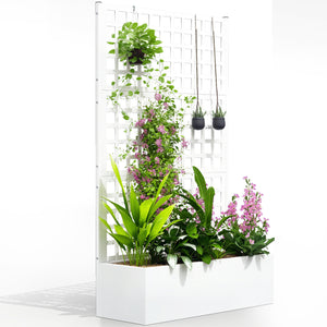 Galvanized Raised Garden Bed with Trellis, 43"x16"x70" Metal Planter Box with Drainage Holes, Outdoor Privacy Screen for Climbing Plant Vegetable Vine, White