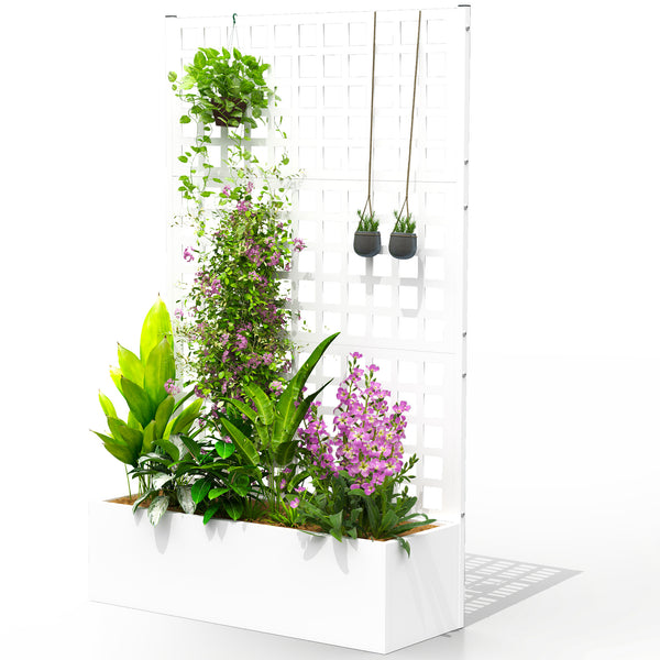 Galvanized Raised Garden Bed with Trellis, 43"x16"x70" Metal Planter Box with Drainage Holes, Outdoor Privacy Screen for Climbing Plant Vegetable Vine, White