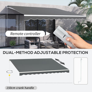 13' x 10' Electric Awning, Retractable Awning Sun Shade Shelter with Remote Controller, Manual Crank Handle and Aluminum Frame, for Deck, Balcony, Yard, Grey
