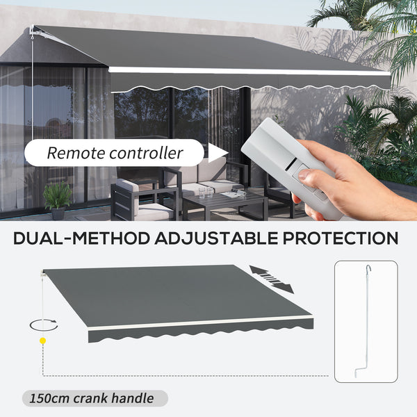 13' x 10' Electric Awning, Retractable Awning Sun Shade Shelter with Remote Controller, Manual Crank Handle and Aluminum Frame, for Deck, Balcony, Yard, Grey