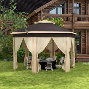 Outsunny 13' x 13' Pop Up Gazebo, Hexagonal Canopy Shelter with 6 Zippered Mesh Netting, Event Tent with Strong Steel Frame for Patio Backyard Garden Wedding Party, Beige