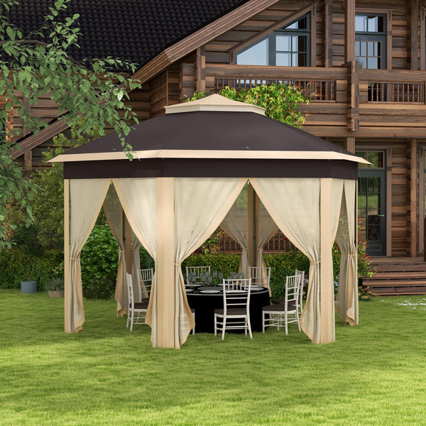 Outsunny 13' x 13' Pop Up Gazebo, Hexagonal Canopy Shelter with 6 Zippered Mesh Netting, Event Tent with Strong Steel Frame for Patio Backyard Garden Wedding Party, Beige