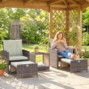 5 Piece Patio Furniture Set, Wicker Patio Chairs with Ottomans, 2-Tier Glass Coffee Table, Cushions, Outdoor Patio Furniture Conversation Set for Balcony, Brown/Cream