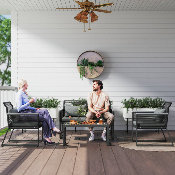 4 Pieces Rattan Garden Furniture Set, Metal Frame Outdoor Furniture Sofa Set with Cushions, Pillows & Tempered Glass Top Table, Wicker Garden Sofa for Conservatory, Patio, Charcoal Grey