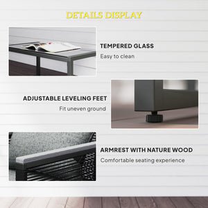 4 Pieces Rattan Garden Furniture Set, Metal Frame Outdoor Furniture Sofa Set with Cushions, Pillows & Tempered Glass Top Table, Wicker Garden Sofa for Conservatory, Patio, Charcoal Grey