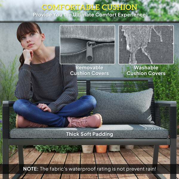 4 Pieces Rattan Garden Furniture Set, Metal Frame Outdoor Furniture Sofa Set with Cushions, Pillows & Tempered Glass Top Table, Wicker Garden Sofa for Conservatory, Patio, Charcoal Grey